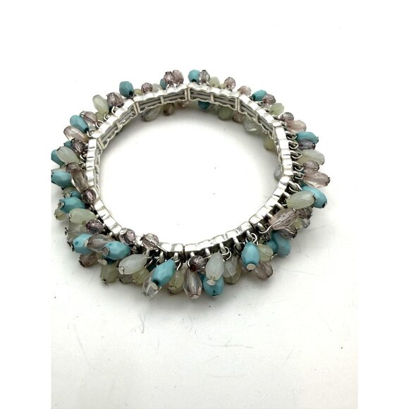 VTG Silver Tone Stretch Bracelet Plastic Bead Cluster Multi Color Boho Fashion - Picture 1 of 7